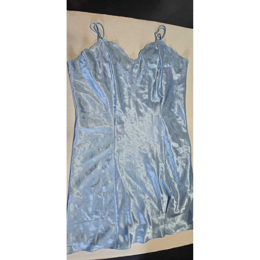 Erika Taylor Intimates Blue Satin Lace Trim Floral Embroidered Chemise Large